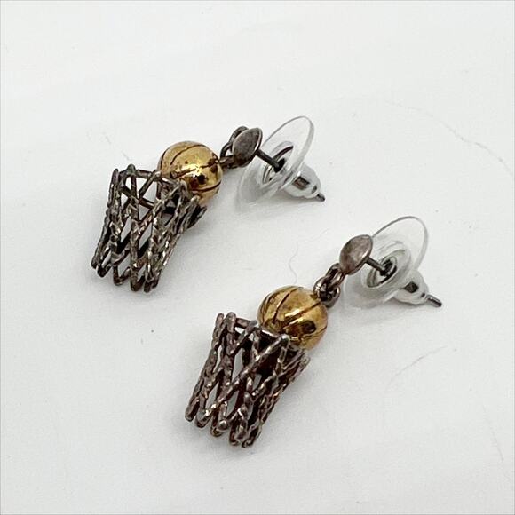 🎁 Vintage Gold Basketball and Silver Basket Net Hoop Earrings for Pierced Ears - Picture 1 of 4